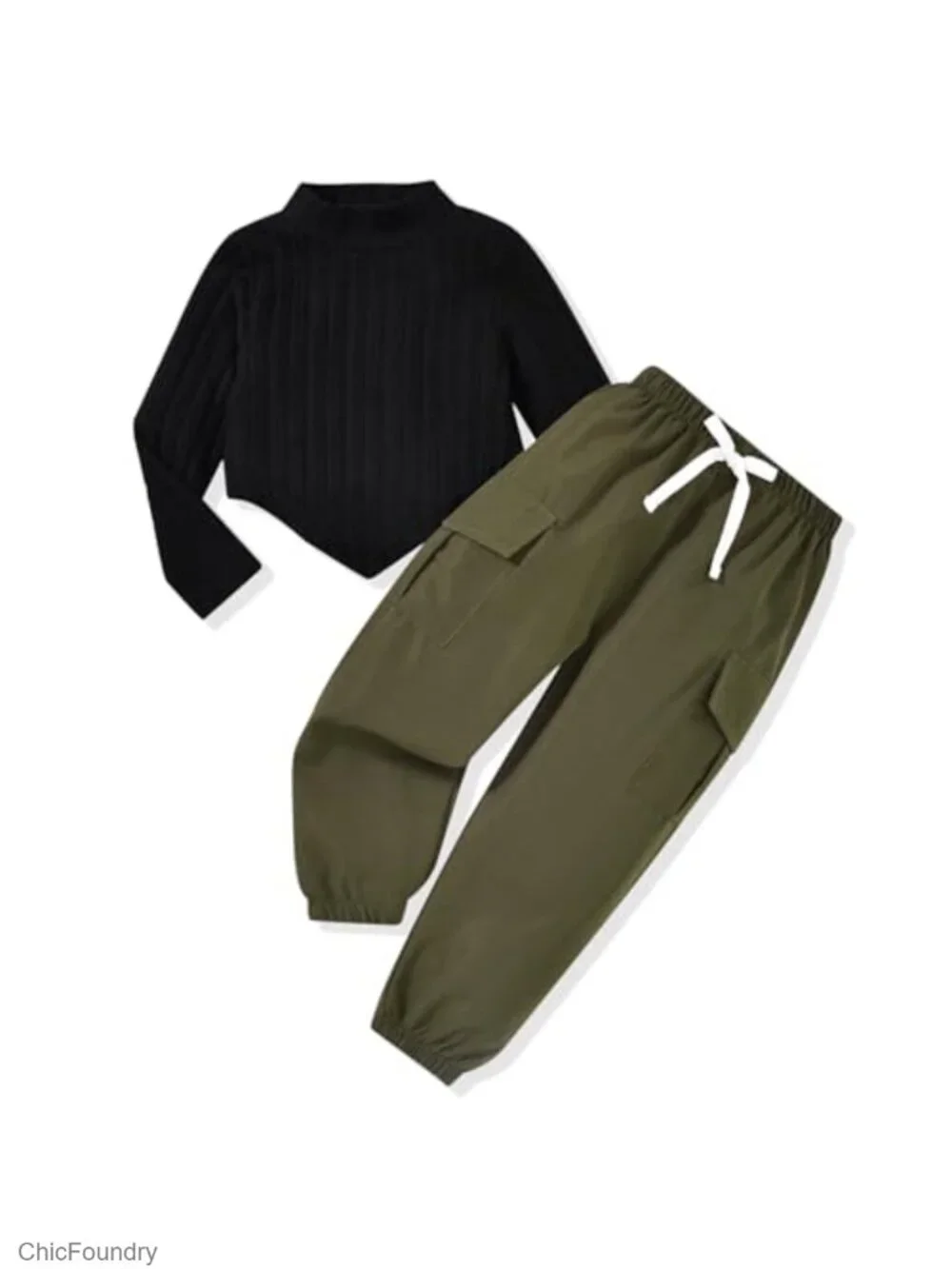 Toddler Girl 2 Piece Cargo Jogger Set Long Sleeve Pullover Turtleneck
